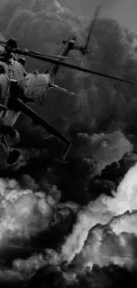 A dramatic black and white helicopter flying through stormy clouds.