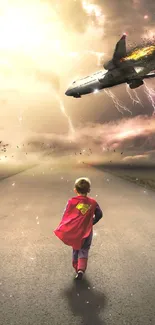 Child in red cape runs toward crashing plane under stormy skies.