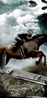 Dramatic horse and rider leaping over a wooden obstacle.