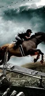 Rider on a horse mid-jump with dramatic cloudy sky.