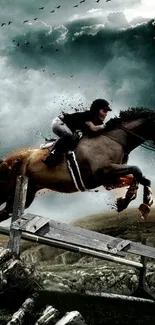 Horse jumping against stormy sky.