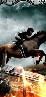 Rider on horse jumping through fiery course with dramatic sky.