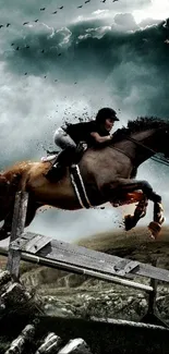 Dramatic action scene of a horse jumping with stormy skies.