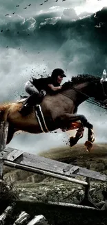 Dramatic horse rider leaps over obstacle against stormy sky.