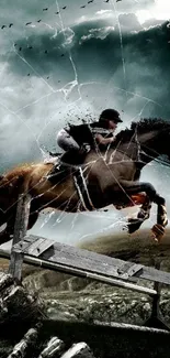 Dramatic scene of a horse jumping over a fence in stormy weather.