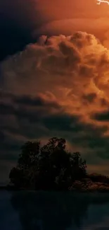 Dramatic island under a stormy sky with visible lightning.