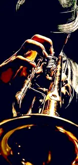 Jazz musician playing a trumpet in dark tones.