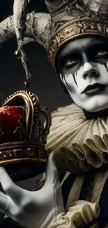 A dramatic jester holding an ornate crown with intricate, theatrical makeup.
