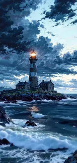 Lighthouse overlooking stormy ocean at dusk