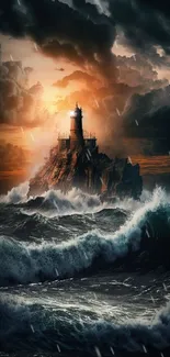 Dramatic lighthouse with waves under stormy skies.