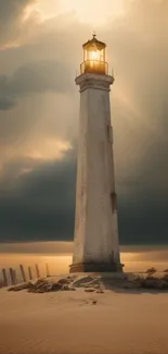 Lighthouse standing tall at sunset with golden clouds and sandy foreground.