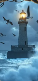 Lighthouse surrounded by seagulls with crashing waves in a stormy ocean.