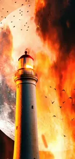 Lighthouse under a fiery sky with birds and moon in dynamic composition.