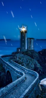 Lighthouse with rain at dusk by the ocean.