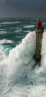 A lighthouse stands amidst crashing ocean waves.