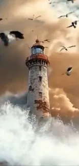 Lighthouse amidst crashing waves and soaring birds against a cloudy sky.