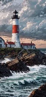 Lighthouse on rocky coast with stormy skies and crashing waves.