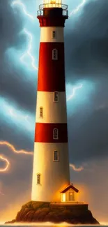 Lighthouse against a stormy sky with lightning over the sea.