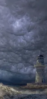 Lighthouse standing strong under stormy sky with ocean waves crashing below.