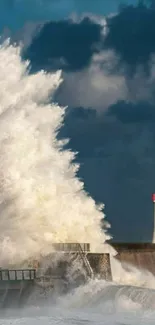 Massive wave crashing near a red lighthouse.