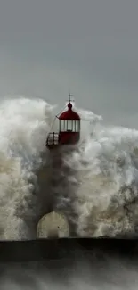 Giant waves crash against a lone lighthouse in a dramatic ocean scene.