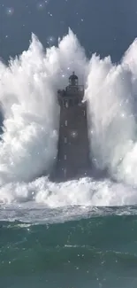 Lighthouse with massive ocean waves crashing in dramatic scene.