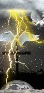 Mobile wallpaper of an angel with wings and lightning in a stormy night sky.