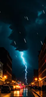 Dramatic lightning over a city street at night with glowing lights.