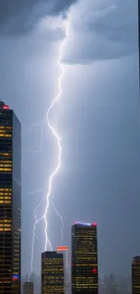 Lightning striking in a city skyline at night with tall buildings.