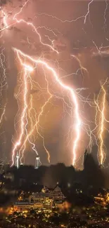 Dramatic cityscape with lightning bolts illuminating the skyline at night.