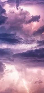 Purple storm clouds with lightning in dramatic sky.