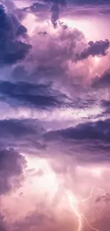 Purple storm clouds with bright lightning in a dramatic sky.