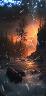 Dramatic lightning over a forest river during dusk.