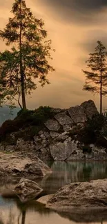 Stunning lake with trees and lightning on a dramatic sky.