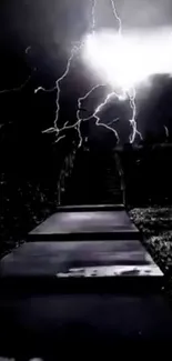 Lightning storm over a dark pathway at night.