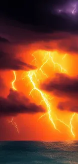 Vivid lightning storm over a dark ocean under dramatic skies.