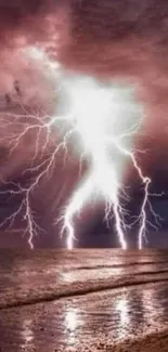 Powerful lightning storm over ocean waves reflecting in the water.