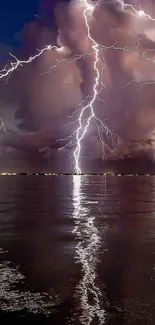 Lightning strikes over water with dramatic clouds.