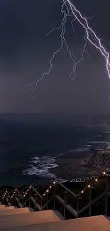 Electrifying coastal scene with dramatic lightning strikes over the ocean.