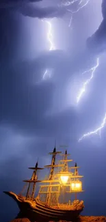 Dramatic lightning illuminating ship on a dark ocean night.