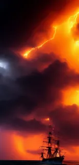 Ship under dramatic orange lightning-filled sky at sea.