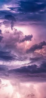 Purple stormy sky with dramatic lightning and clouds, ideal for mobile wallpaper.