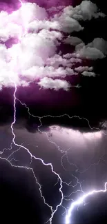 Dramatic purple lightning storm with dark clouds, bright bolts on a mobile wallpaper.