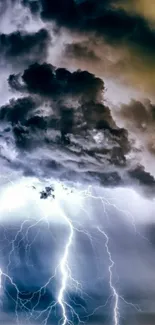 Dramatic dark clouds with lightning striking below.