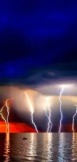 Vivid lightning storm over a dark ocean, captured in dynamic wallpaper.