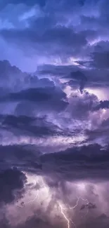 Purple clouds with lightning in a dramatic storm.