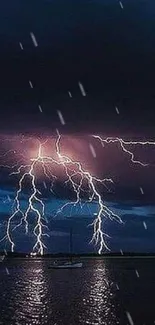 Mobile wallpaper featuring a dramatic lightning storm with purple clouds.