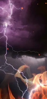 Dramatic purple lightning storm with dark clouds.