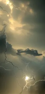 Dramatic dark sky with lightning and glowing clouds in a storm.