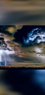 Dramatic lightning storm with cityscape in background.